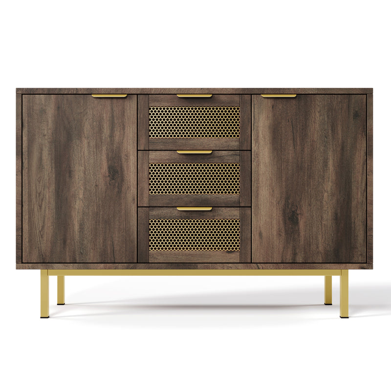 Buffet Industriel Bois Foncé et Métal avec Portes Grillagées et Pieds Dorés SHIMHOLL