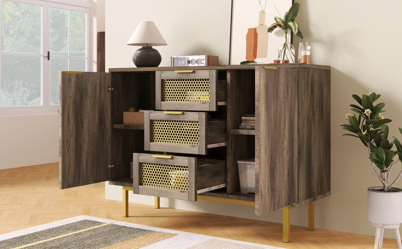 Buffet Industriel Bois Foncé et Métal avec Portes Grillagées et Pieds Dorés SHIMHOLL