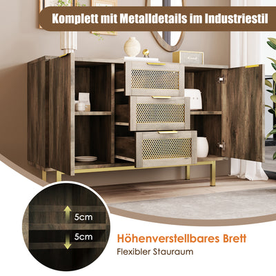 Buffet Industriel Bois Foncé et Métal avec Portes Grillagées et Pieds Dorés SHIMHOLL