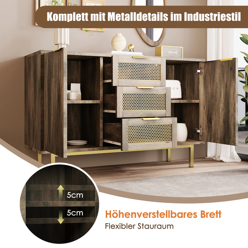 Buffet Industriel Bois Foncé et Métal avec Portes Grillagées et Pieds Dorés SHIMHOLL