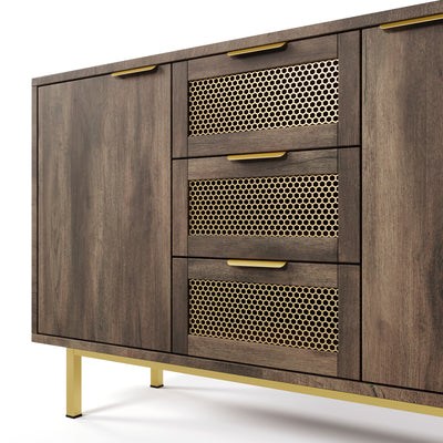 Buffet Industriel Bois Foncé et Métal avec Portes Grillagées et Pieds Dorés SHIMHOLL