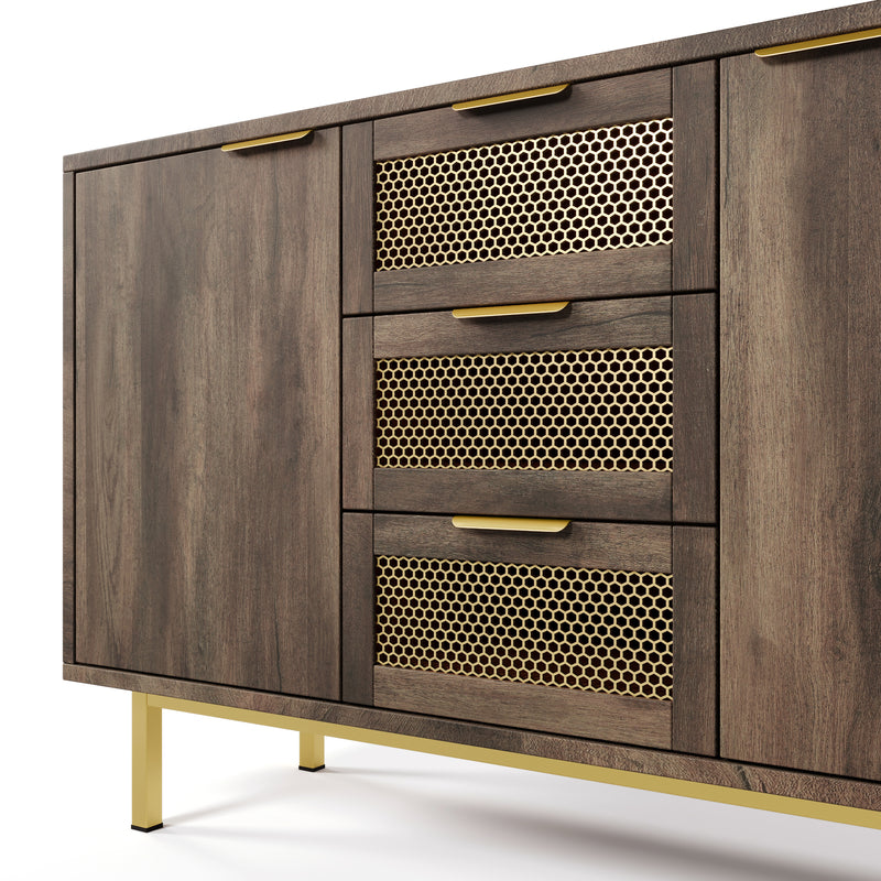 Buffet Industriel Bois Foncé et Métal avec Portes Grillagées et Pieds Dorés SHIMHOLL