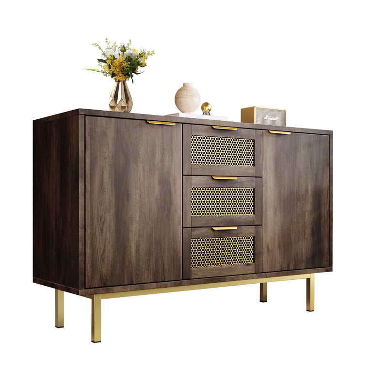 Buffet Industriel Bois Foncé et Métal avec Portes Grillagées et Pieds Dorés SHIMHOLL