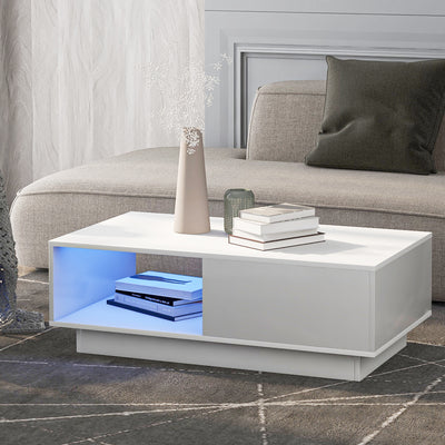table Basse Rectangulaire Blanche Brillante avec Éclairage LED USB Multicolore (95 x 55 x 32 cm) SHOHLORS