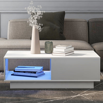 table Basse Rectangulaire Blanche Brillante avec Éclairage LED USB Multicolore (95 x 55 x 32 cm) SHOHLORS