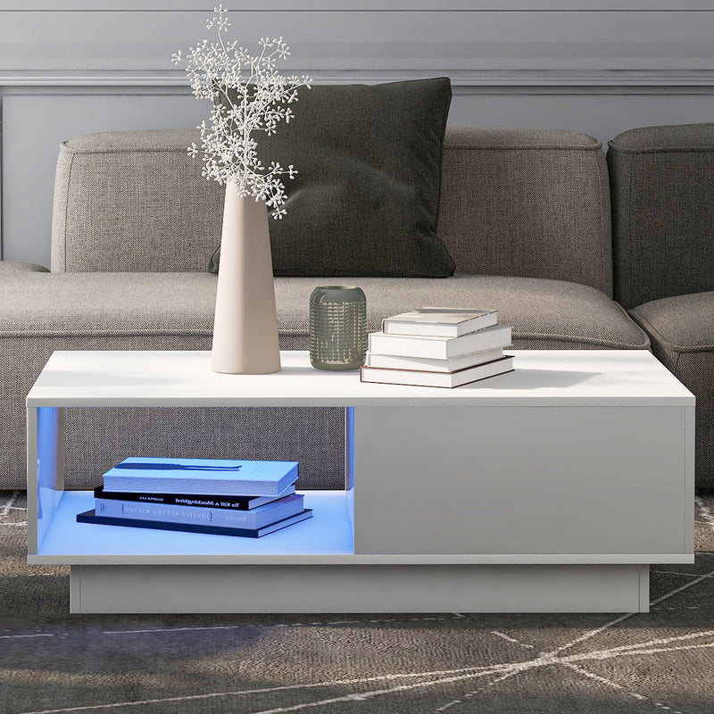 table Basse Rectangulaire Blanche Brillante avec Éclairage LED USB Multicolore (95 x 55 x 32 cm) SHOHLORS
