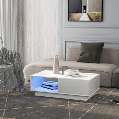 table Basse Rectangulaire Blanche Brillante avec Éclairage LED USB Multicolore (95 x 55 x 32 cm) SHOHLORS