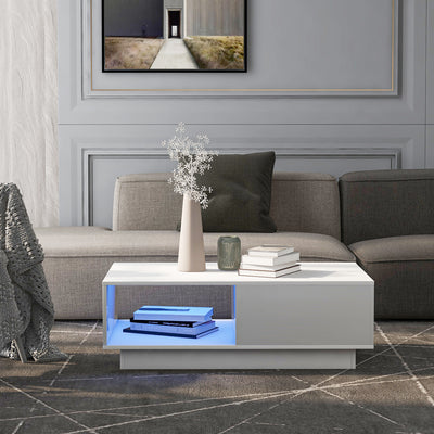 table Basse Rectangulaire Blanche Brillante avec Éclairage LED USB Multicolore (95 x 55 x 32 cm) SHOHLORS