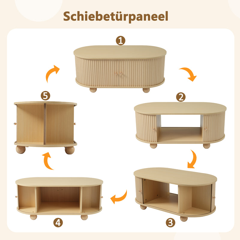 Table Basse Ovale en Bois avec Portes Coulissantes Rainurées - Design Industriel Minimaliste SHOHUS