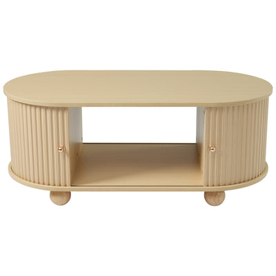 Table Basse Ovale en Bois avec Portes Coulissantes Rainurées - Design Industriel Minimaliste SHOHUS