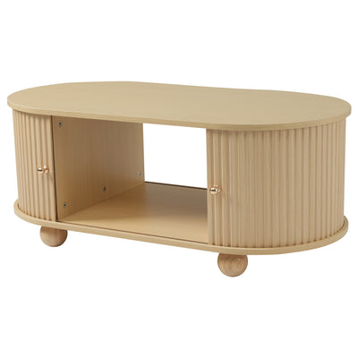 Table Basse Ovale en Bois avec Portes Coulissantes Rainurées - Design Industriel Minimaliste SHOHUS