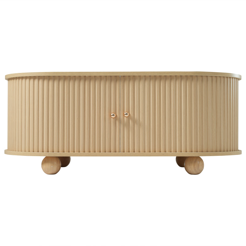 Table Basse Ovale en Bois avec Portes Coulissantes Rainurées - Design Industriel Minimaliste SHOHUS
