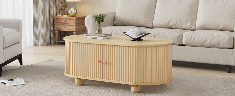 Table Basse Ovale en Bois avec Portes Coulissantes Rainurées - Design Industriel Minimaliste SHOHUS