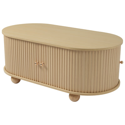 Table Basse Ovale en Bois avec Portes Coulissantes Rainurées - Design Industriel Minimaliste SHOHUS