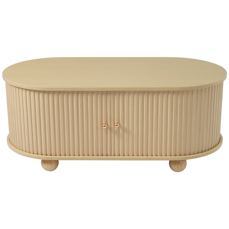 Table Basse Ovale en Bois avec Portes Coulissantes Rainurées - Design Industriel Minimaliste SHOHUS