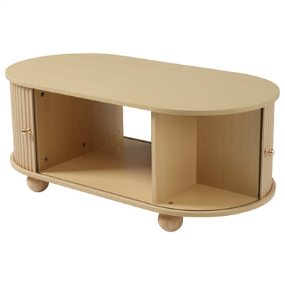 Table Basse Ovale en Bois avec Portes Coulissantes Rainurées - Design Industriel Minimaliste SHOHUS