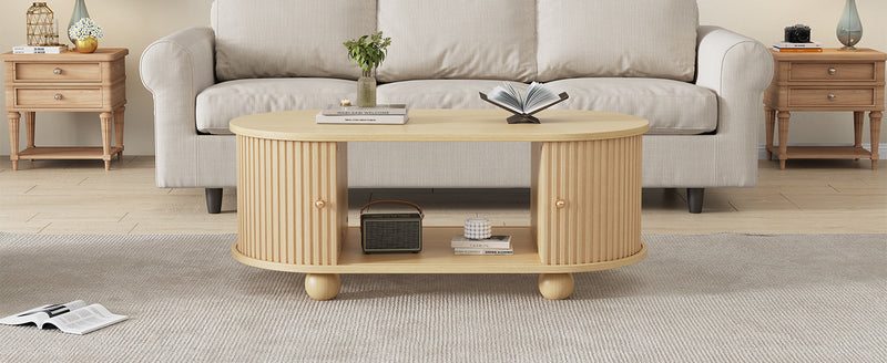 Table Basse Ovale en Bois avec Portes Coulissantes Rainurées - Design Industriel Minimaliste SHOHUS