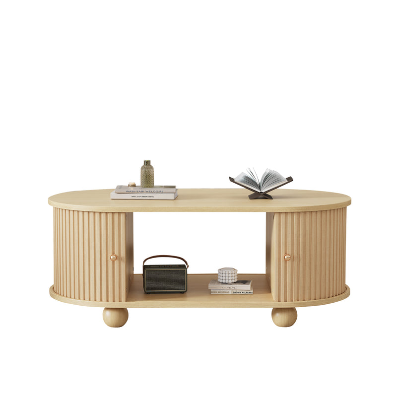 Table Basse Ovale en Bois avec Portes Coulissantes Rainurées - Design Industriel Minimaliste SHOHUS