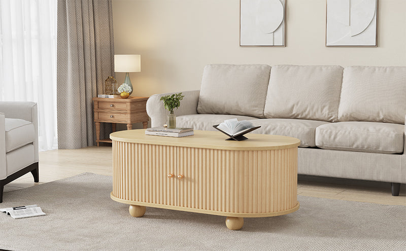 Table Basse Ovale en Bois avec Portes Coulissantes Rainurées - Design Industriel Minimaliste SHOHUS