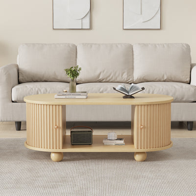 Table Basse Ovale en Bois avec Portes Coulissantes Rainurées - Design Industriel Minimaliste SHOHUS