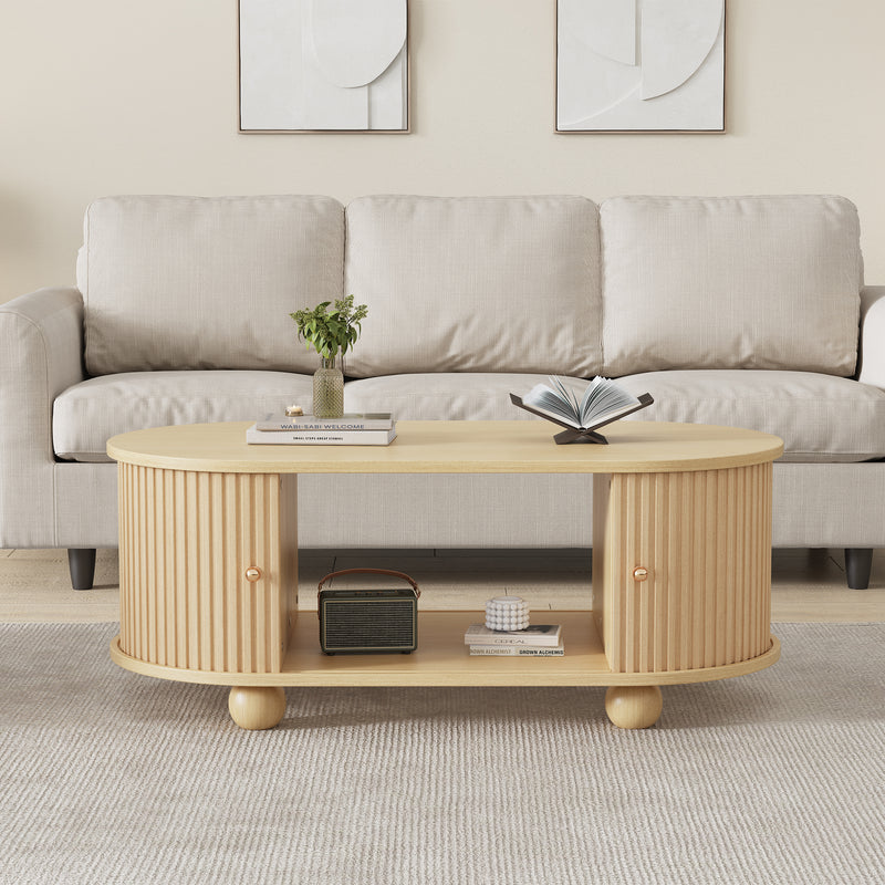 Table Basse Ovale en Bois avec Portes Coulissantes Rainurées - Design Industriel Minimaliste SHOHUS