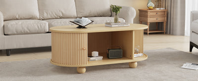 Table Basse Ovale en Bois avec Portes Coulissantes Rainurées - Design Industriel Minimaliste SHOHUS