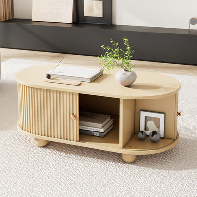 Table Basse Ovale en Bois avec Portes Coulissantes Rainurées - Design Industriel Minimaliste SHOHUS