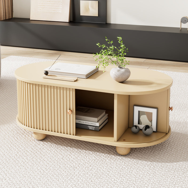 Table Basse Ovale en Bois avec Portes Coulissantes Rainurées - Design Industriel Minimaliste SHOHUS