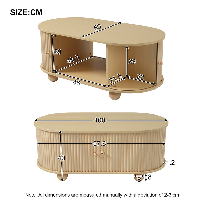 Table Basse Ovale en Bois avec Portes Coulissantes Rainurées - Design Industriel Minimaliste SHOHUS