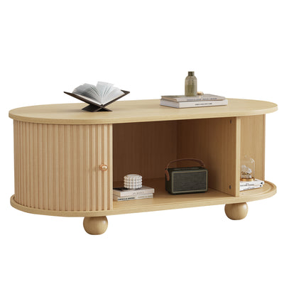 Table Basse Ovale en Bois avec Portes Coulissantes Rainurées - Design Industriel Minimaliste SHOHUS