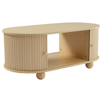 Table Basse Ovale en Bois avec Portes Coulissantes Rainurées - Design Industriel Minimaliste SHOHUS