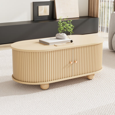 Table Basse Ovale en Bois avec Portes Coulissantes Rainurées - Design Industriel Minimaliste SHOHUS