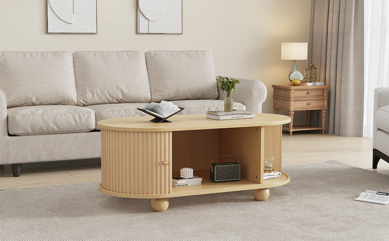 Table Basse Ovale en Bois avec Portes Coulissantes Rainurées - Design Industriel Minimaliste SHOHUS