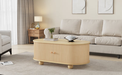 Table Basse Ovale en Bois avec Portes Coulissantes Rainurées - Design Industriel Minimaliste SHOHUS