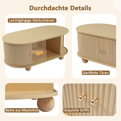 Table Basse Ovale en Bois avec Portes Coulissantes Rainurées - Design Industriel Minimaliste SHOHUS