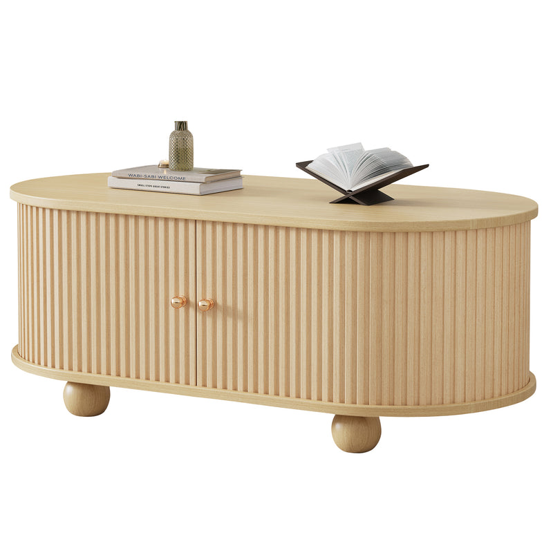 Table Basse Ovale en Bois avec Portes Coulissantes Rainurées - Design Industriel Minimaliste SHOHUS