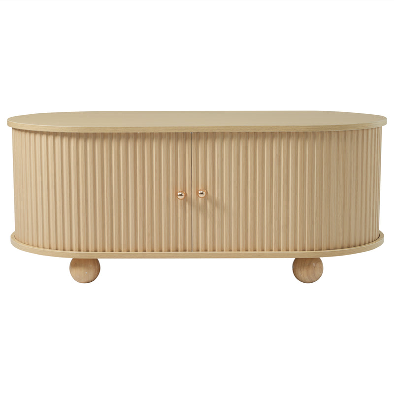 Table Basse Ovale en Bois avec Portes Coulissantes Rainurées - Design Industriel Minimaliste SHOHUS