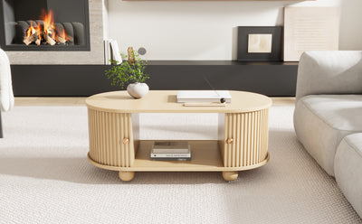 Table Basse Ovale en Bois avec Portes Coulissantes Rainurées - Design Industriel Minimaliste SHOHUS