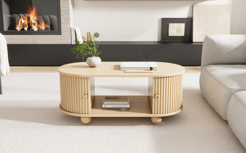 Table Basse Ovale en Bois avec Portes Coulissantes Rainurées - Design Industriel Minimaliste SHOHUS