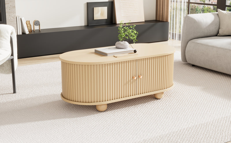Table Basse Ovale en Bois avec Portes Coulissantes Rainurées - Design Industriel Minimaliste SHOHUS