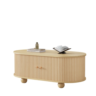 Table Basse Ovale en Bois avec Portes Coulissantes Rainurées - Design Industriel Minimaliste SHOHUS