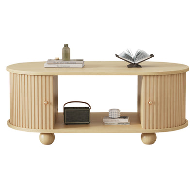 Table Basse Ovale en Bois avec Portes Coulissantes Rainurées - Design Industriel Minimaliste SHOHUS
