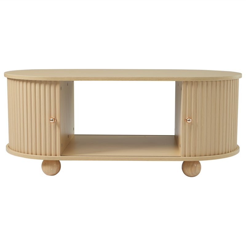 Table Basse Ovale en Bois avec Portes Coulissantes Rainurées - Design Industriel Minimaliste SHOHUS