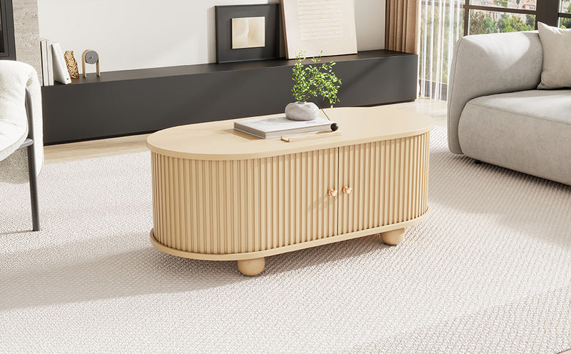Table Basse Ovale en Bois avec Portes Coulissantes Rainurées - Design Industriel Minimaliste SHOHUS