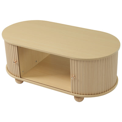 Table Basse Ovale en Bois avec Portes Coulissantes Rainurées - Design Industriel Minimaliste SHOHUS