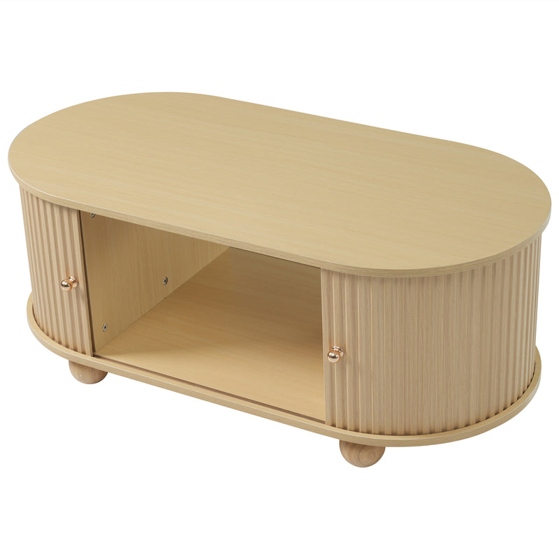 Table Basse Ovale en Bois avec Portes Coulissantes Rainurées - Design Industriel Minimaliste SHOHUS