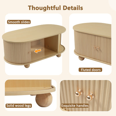 Table Basse Ovale en Bois avec Portes Coulissantes Rainurées - Design Industriel Minimaliste SHOHUS