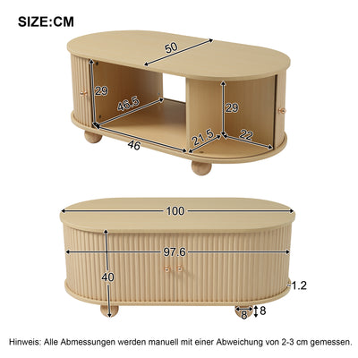 Table Basse Ovale en Bois avec Portes Coulissantes Rainurées - Design Industriel Minimaliste SHOHUS