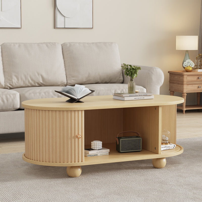 Table Basse Ovale en Bois avec Portes Coulissantes Rainurées - Design Industriel Minimaliste SHOHUS
