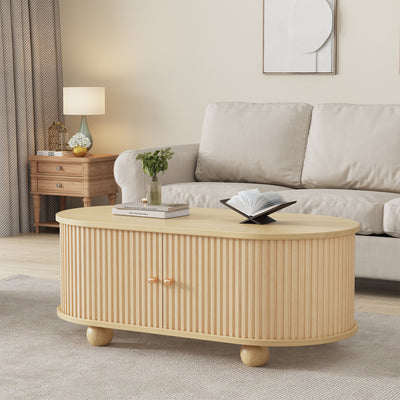 Table Basse Ovale en Bois avec Portes Coulissantes Rainurées - Design Industriel Minimaliste SHOHUS